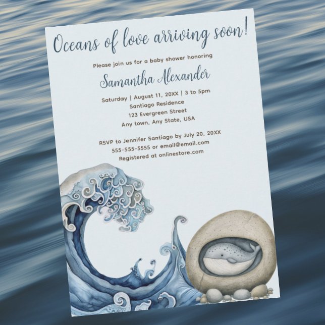 Beach Ocean babydusch Inbjudningar (Beach Ocean baby shower invitation. Majestic wave with baby whale peeking from rock. Whimsical.)