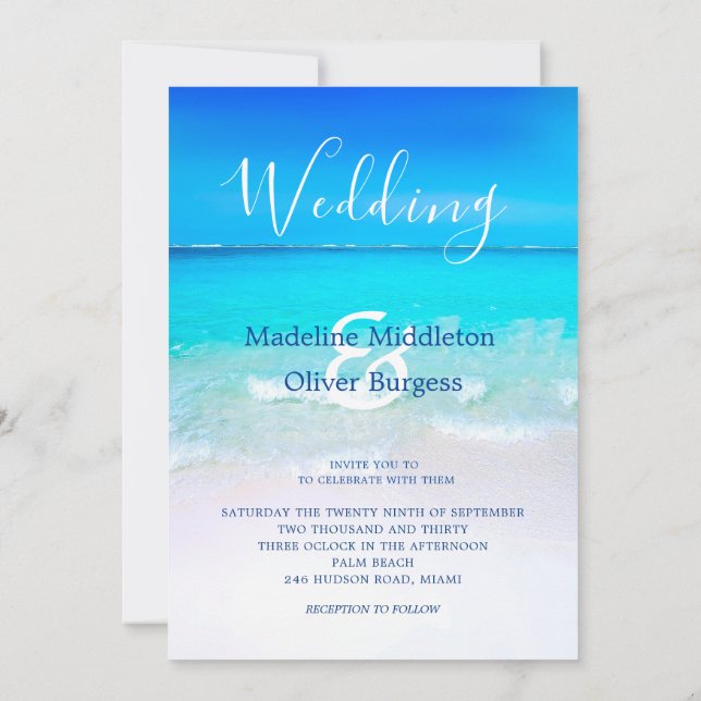 Beach Ocean Blue Tropical Destination Wedding Inbjudningar (Baksida)