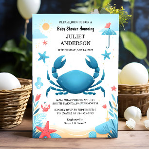 Beach Ocean Catch Navy Blue Crab Baby Shower Inbjudningar