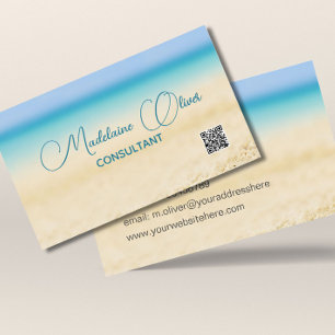 Beach Ocean Coastal QR Code Blue Modern Visitkort