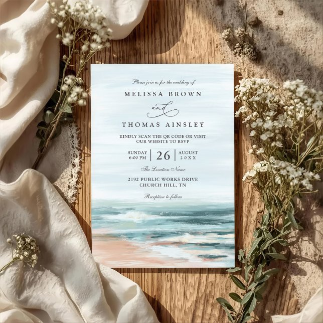 Beach Ocean Destination Elegant QR Code Wedding Inbjudningar (Skapare uppladdad)