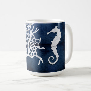 Beach Ocean Navy Blue White Seahorse Coral Wood Kaffemugg