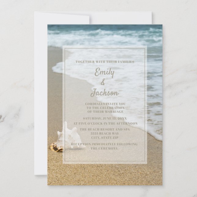 Beach Ocean Seashell Sandy Beach Wedding Inbjudningar (Framsida)