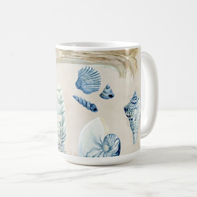 Beach Ocean Snäckors Blue n White Feathers Wood Kaffemugg (Framsida höger)