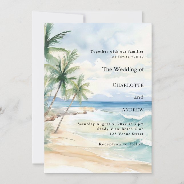 Beach ocean tropical palm destination wedding inbjudningar (Framsida)