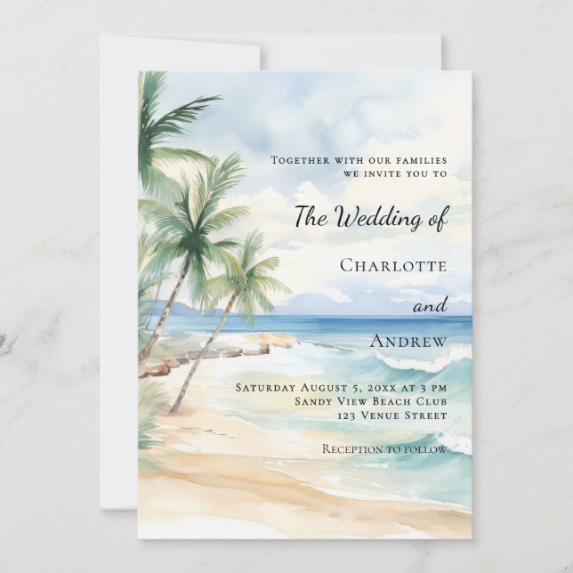 Beach ocean tropical palm destination wedding inbjudningar (Framsida)