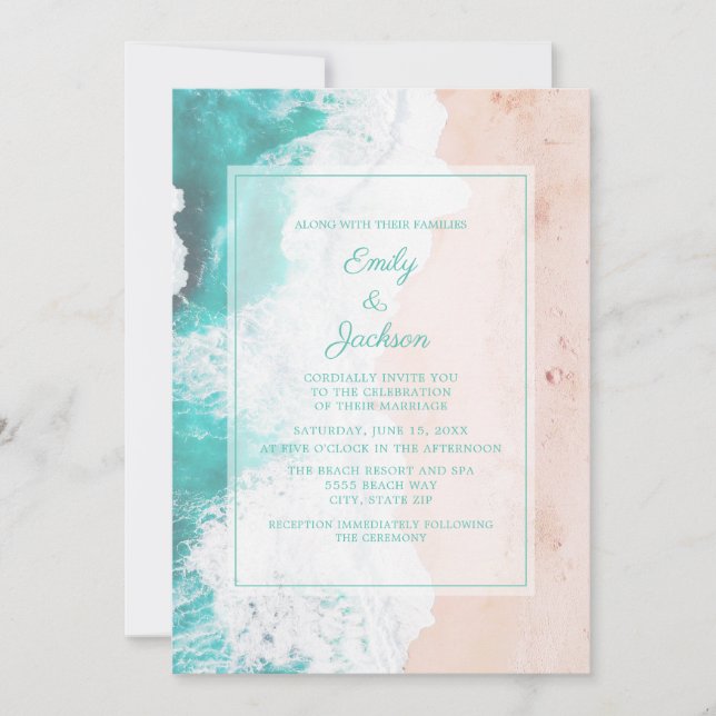 Beach Ocean Tropisk Teal Vit Brun Bröllop #3 Inbjudningar (Framsida)