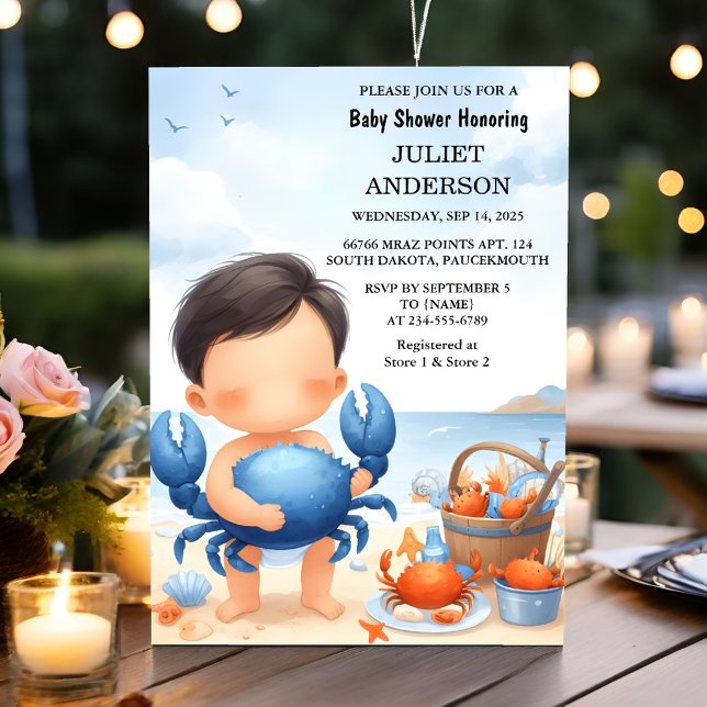 Beach Ocean Vatten Catch Navy Blue Crab Baby Showe Inbjudningar (Skapare uppladdad)