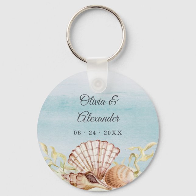Beach Ocean Watercolor Seashells Wedding Favor Nyckelring (Framsida)
