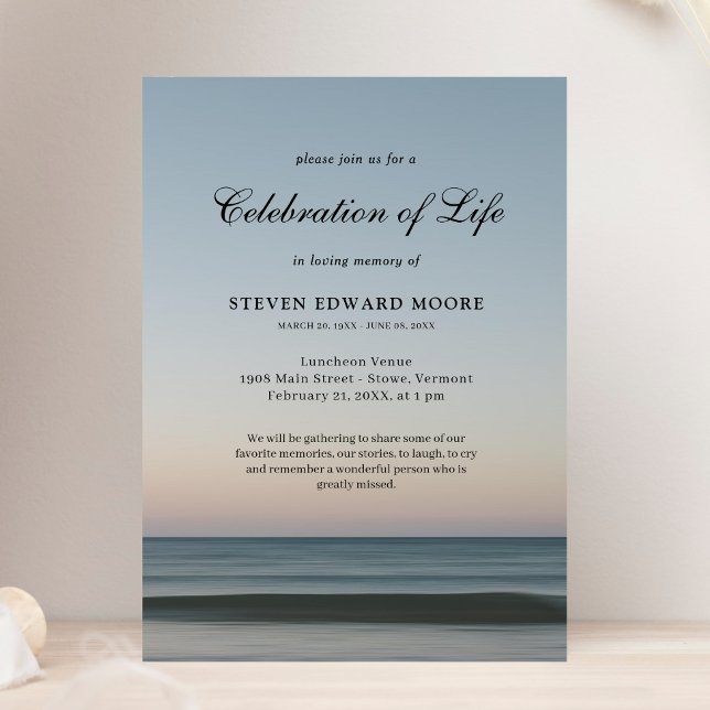 Beach Oceanen Vatten Firande i Life Grått Blue in Inbjudningar (Ocean Celebration of Life Invitation)
