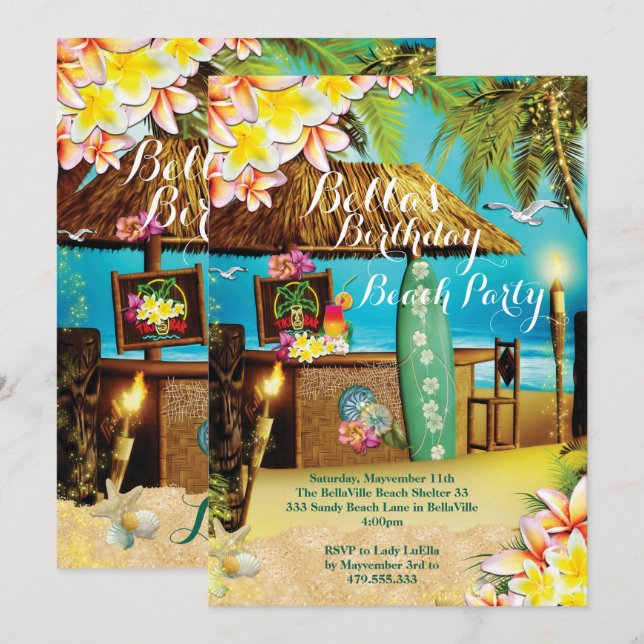 Beach- och Luau-partiets inbjudningar (Fram/baksida)