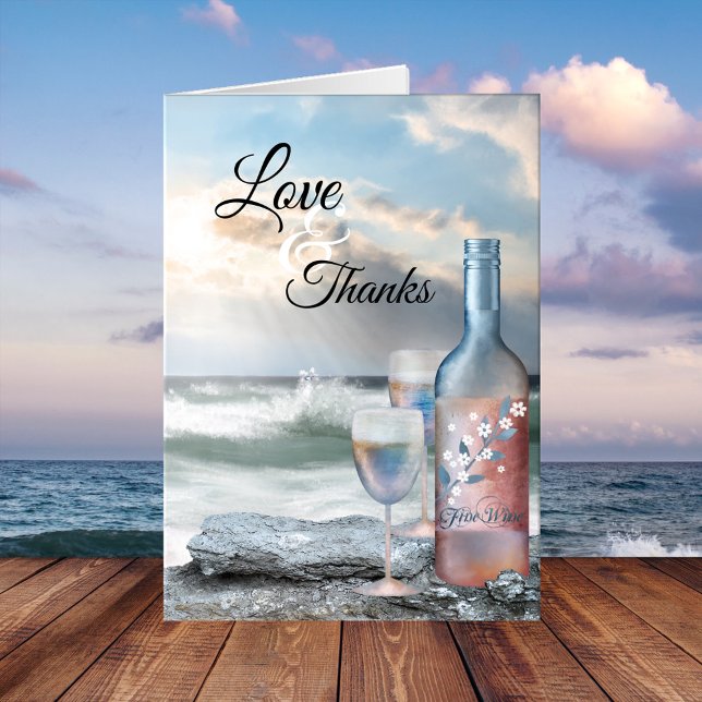 Beach och Vin Dream Bröllop - tackkort (Wedding Thank You card featuring an original painting of a wine bottle with glasses at the beach)