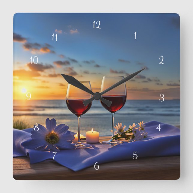 Beach och Vin Sunset Fyrkantig Klocka (Framsida)