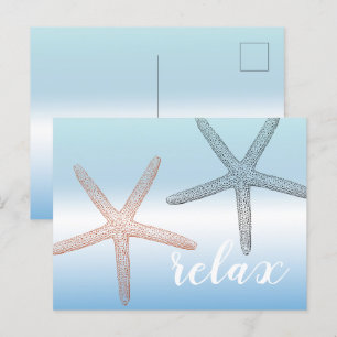 Beach Orange Blue Starfish Slappna av Vykort