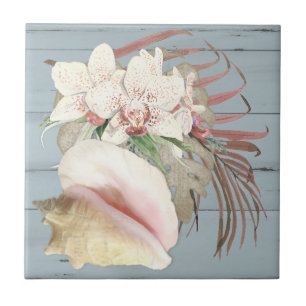 Beach Orchid Blommigt Conch Seashell Dusty Blue Wo Kakelplatta