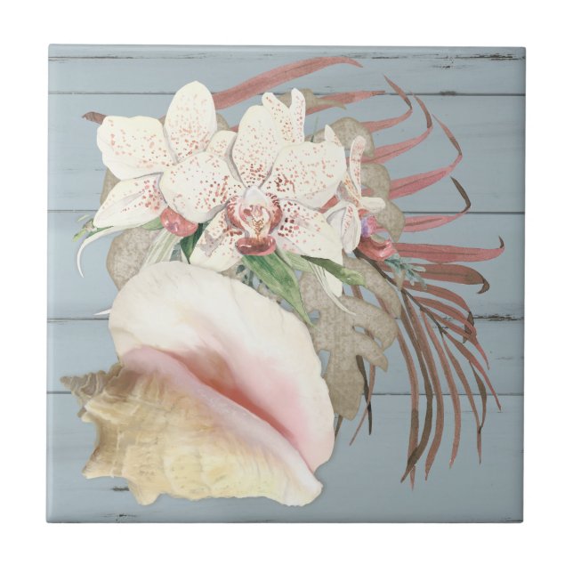 Beach Orchid Blommigt Conch Seashell Dusty Blue Wo Kakelplatta (Framsidan)