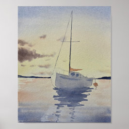 Beach painting with a boat Watercolor  Poster
