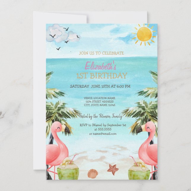 Beach Palm Rosa Flamingos Cocktail 1:a   Inbjudningar (Framsida)