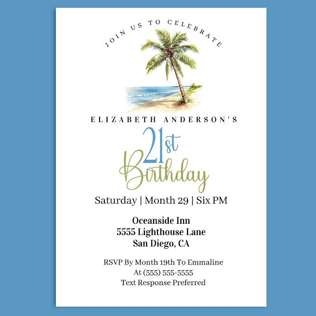 Beach Palm Tree 21st Birthday Inbjudningar (Tropical beach 21st birthday invitation with watercolor palm tree ocean scene coastal party)
