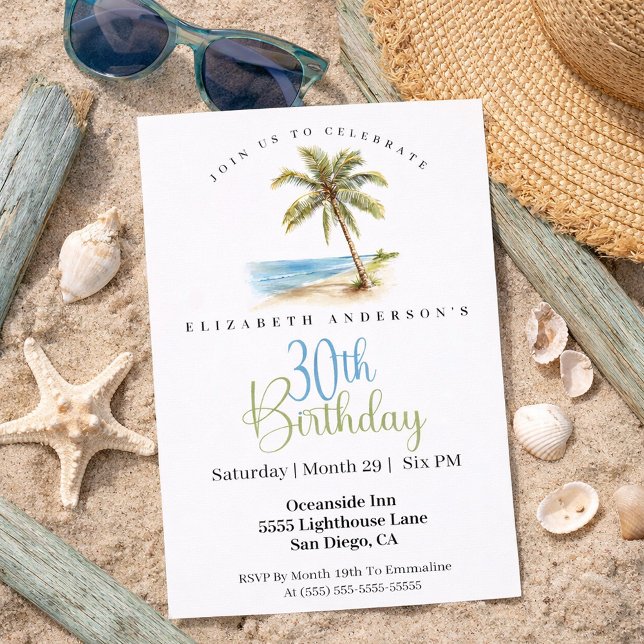 Beach Palm Tree 30th Birthday Inbjudningar (Tropical beach palm tree 30th birthday invitation)