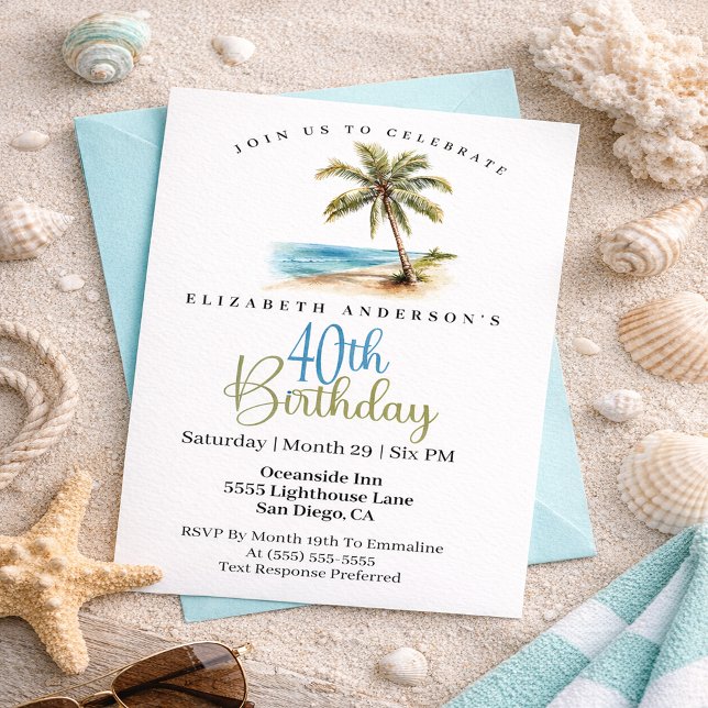 Beach Palm Tree 40th Birthday Inbjudningar (Tropical beach palm tree 40th birthday invitation with coastal ocean theme and elegant typography
)