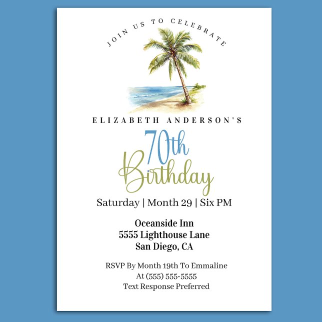Beach Palm Tree 70th Birthday Inbjudningar (Tropical beach palm tree 70th birthday invitation with ocean scene coastal party theme
)