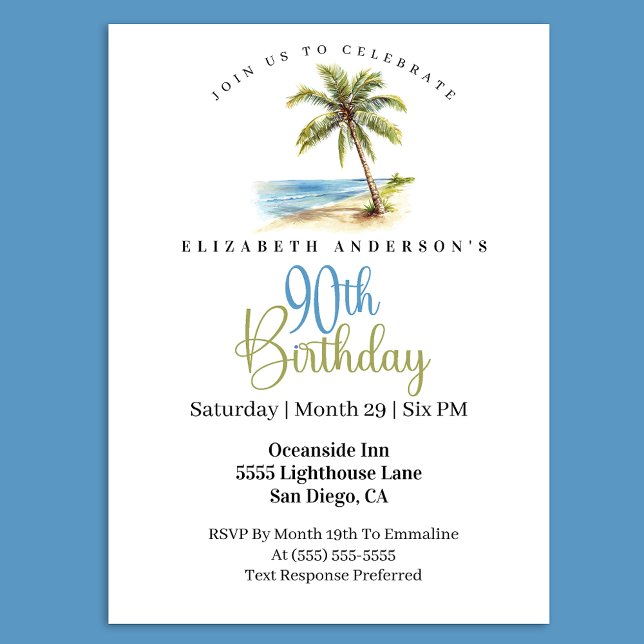 Beach Palm Tree 90th Birthday Inbjudningar (Tropical beach palm tree 90th birthday invitation with a coastal ocean theme )