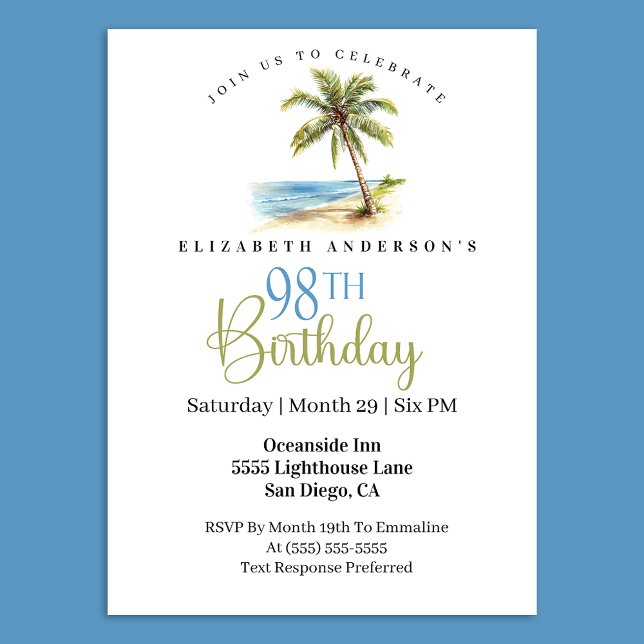 Beach Palm Tree 98th Birthday Inbjudningar (Tropical beach palm tree 98th birthday invitation 
)