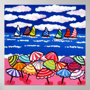 Beach Parbrellas Sailships Roligt Folk Art Poster