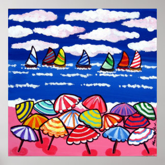 Beach Parbrellas Sailships Roligt Folk Art Poster