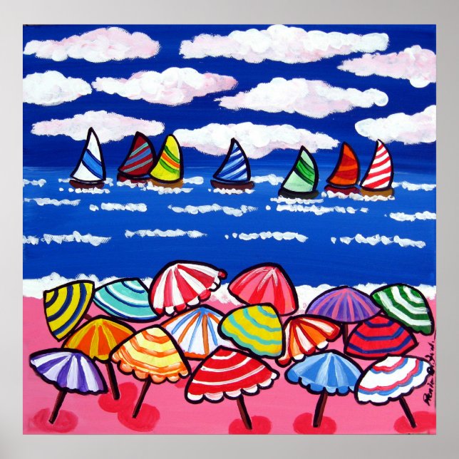 Beach Parbrellas Sailships Roligt Folk Art Poster (Framsidan)