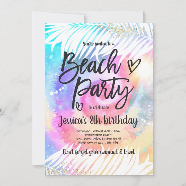 Beach Party Birthday Rosa Tie Dye Girl Beach Party Inbjudningar (Framsida)