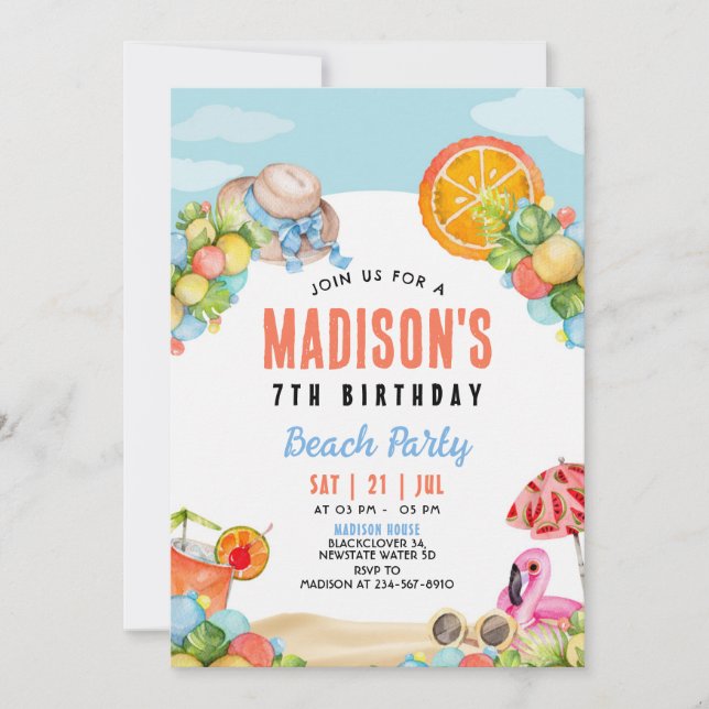 Beach Party Editable Birthday-inbjudan Inbjudningar (Framsida)