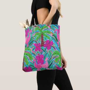 Beach Party Flamingos och Handflatan Mönster Tote Tygkasse