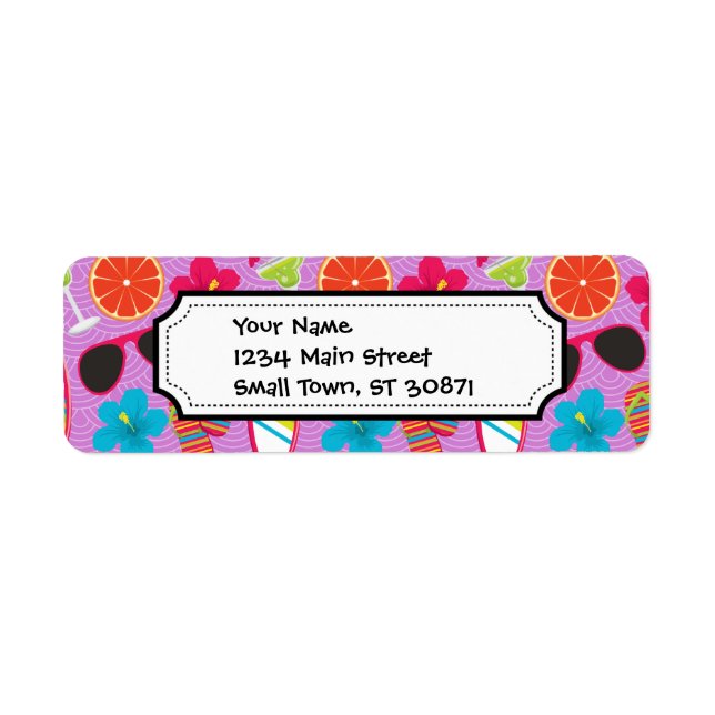 Beach Party Flinflip flops Sunglass Beachball Lila Returadress Etikett (Framsidan)