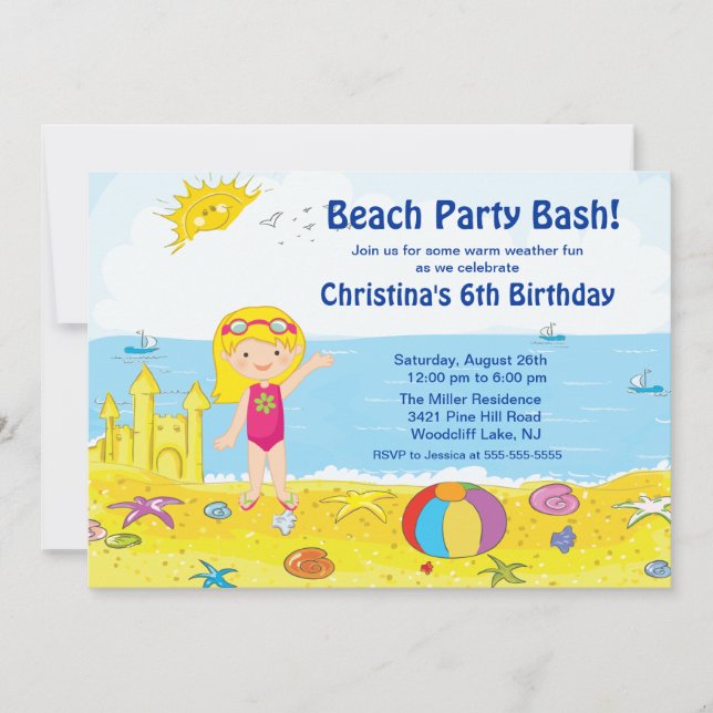 Beach Party Girl Swimming Birthday Inbjudan (Framsida)