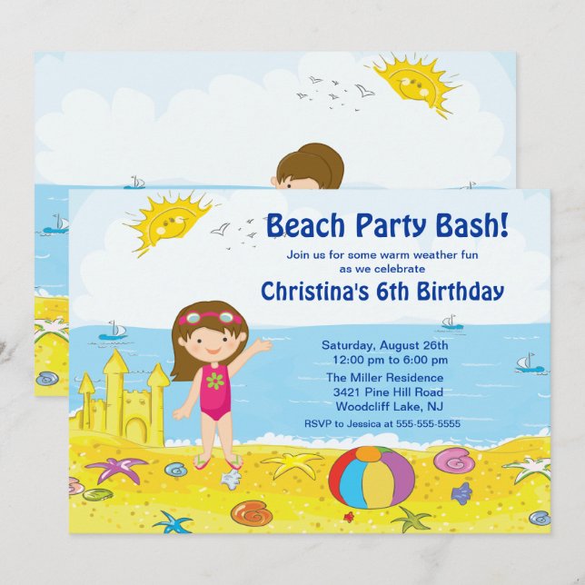 Beach Party Girl Swimming Birthday Inbjudan (Fram/baksida)