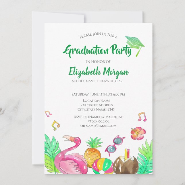 Beach Party Grönt Glitter Grad Cap,Studenten Inbjudningar (Framsida)