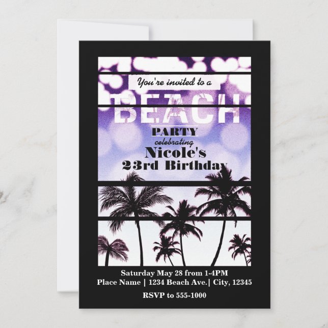 Beach Party Handflatan Träd Tropical Lila Glam Inbjudningar (Framsida)