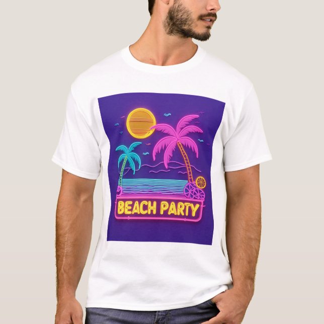 Beach Party Neon - Retro Sunset & Handflatan Tee (Framsida)