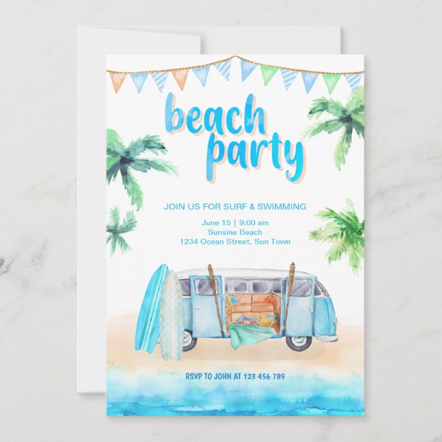Beach Party Retro Van, inbjudningskort för surfboa (Framsida)
