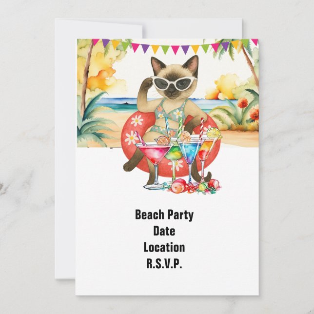 Beach Party Siamese Cat Beach Tropical Summer Inbjudningar (Framsida)