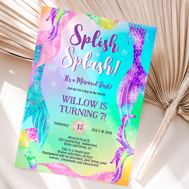 Beach party sjöjungfru svan hav Barns födelsedag Inbjudningar (Beach party mermaid tails ocean Kids birthday rainbow Invitation)