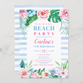 Beach Party Tropical Blommigt Blue Rand Birthday Inbjudningar