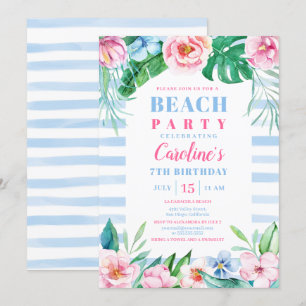 Beach Party Tropical Blommigt Blue Rand Birthday Inbjudningar
