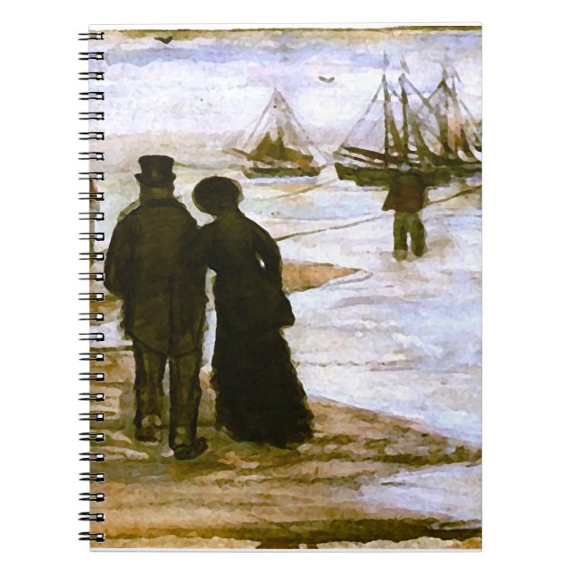 Beach People Walking & Boats Van Gogh Fine Art Anteckningsbok Med Spiral (Framsidan)