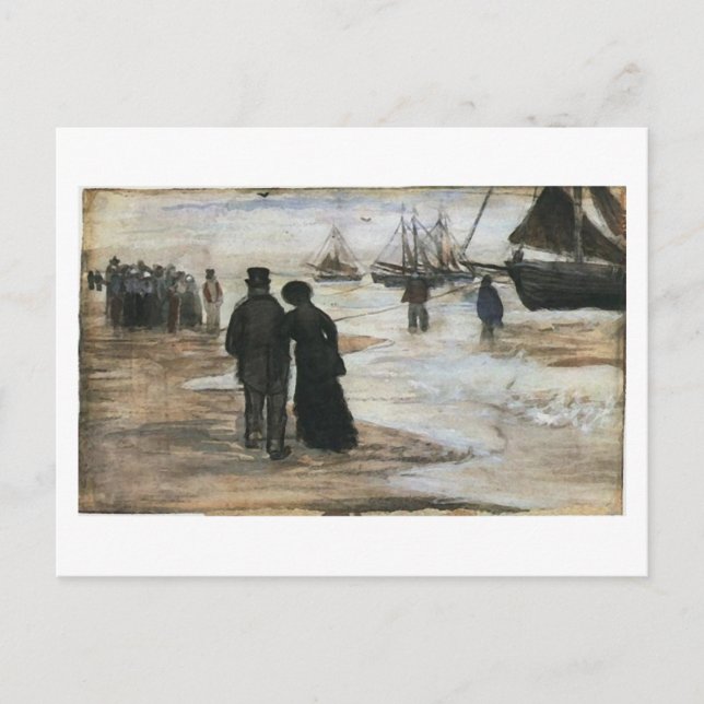 Beach, People Walking & Boats Van Gogh Fine Art Vykort (Framsida)