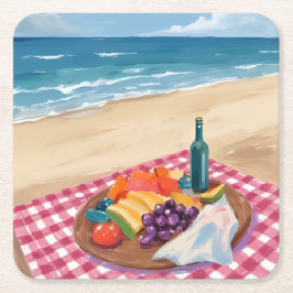 Beach Picnic | Ocean Shore Painting Underlägg Papper Kvadrat