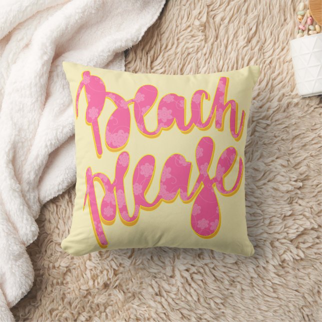 BEACH PLEASE | Rosa Typografi och offert | GULT Kudde (Filt)