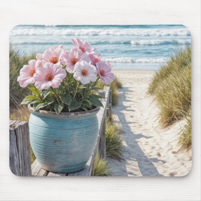 Beach Pot with Rosa Petunias Musmatta (Framsidan)